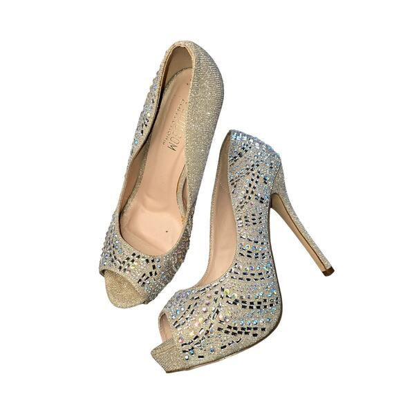 De Blossom Collection Heels Womens Size 9 Gold Glitter Rhinestone Peep Toe Party - Picture 1 of 11